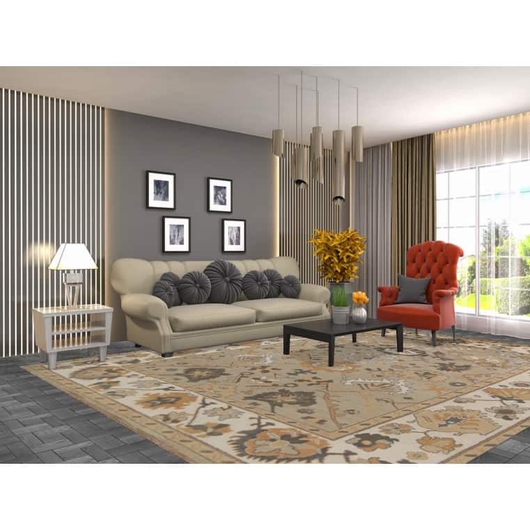 All-Over Beige & Ivory Oushak Indian Area Rug Handmade Wool Carpet - 9'1"x 11'8"