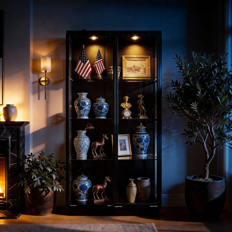 Modern Black Display Cabinet with Glass Doors, 75” Tall Curio Cabinet with Tempered Glass Shelves Bookshelves LED Light