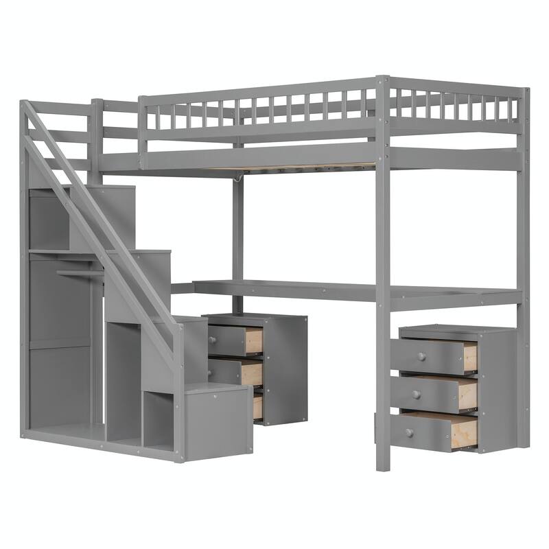 Loft Bed with Two Chest of Drawers, Integrated Desk, and LED Light Strip