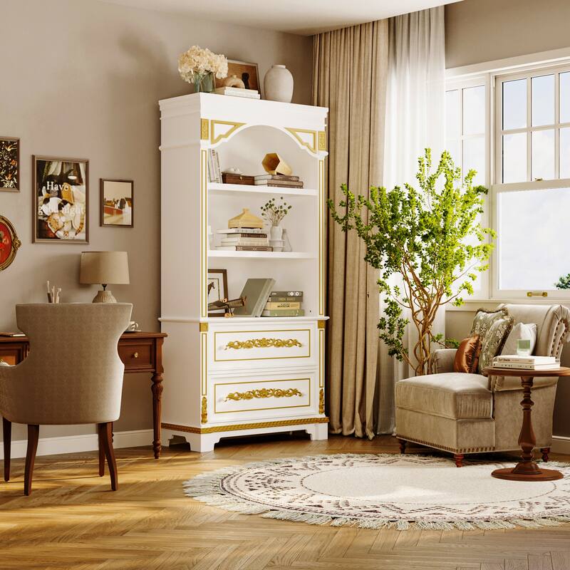 Display Cabinet with Drawers Tall Wine Bar Bookcase with LED Light Glass Shelves, Carved Solid Wood Front, 76.6"