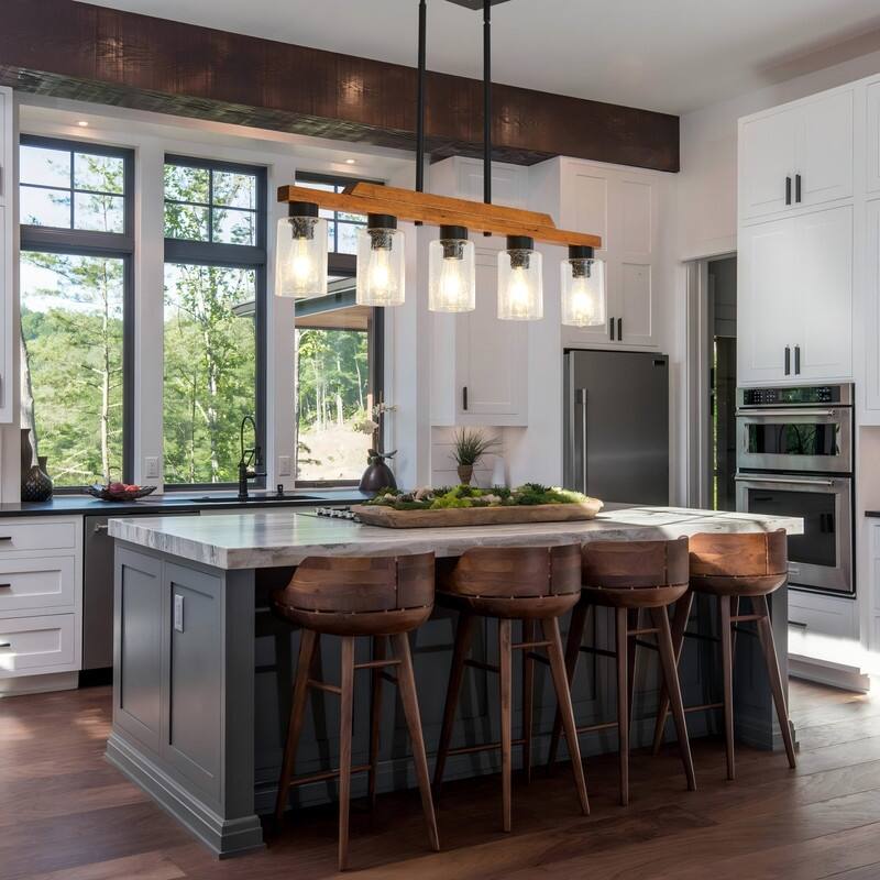 Farmhouse Chandelier for Dining Room Kitchen Island Rustic Wood Linear Pendant Light with Seed Glass Shade