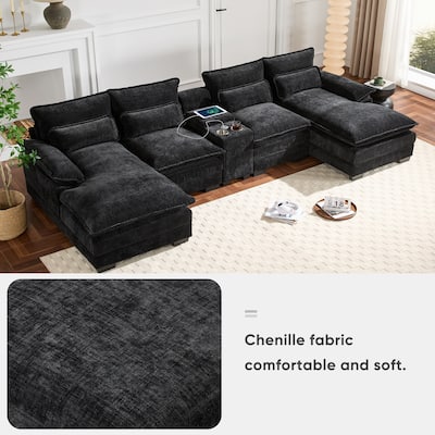U-Shaped Symmetrical Sectional Sofa with Console, Chaise, USB Ports