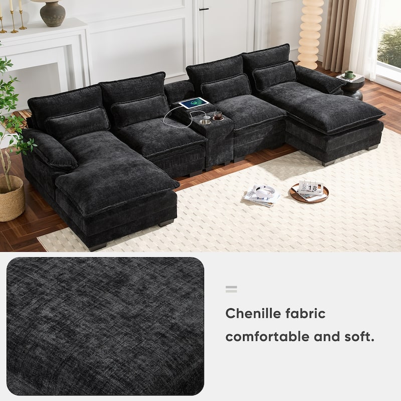 U-shaped Chenille Sectional Sofa w/Console, Cup Holders, USB, Chaise