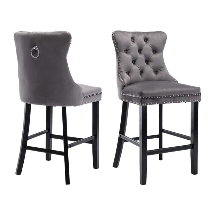 Wing Back Velvet Tufted Nailhead Barstools(Set of 2)
