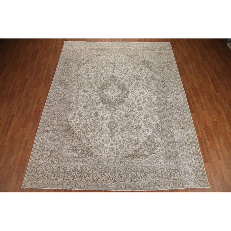 Hand Knotted Oriental 100% Wool Carpet Traditional Floral Beige & Ivories Mashad Area Rug - 12' 1'' X 9' 5''