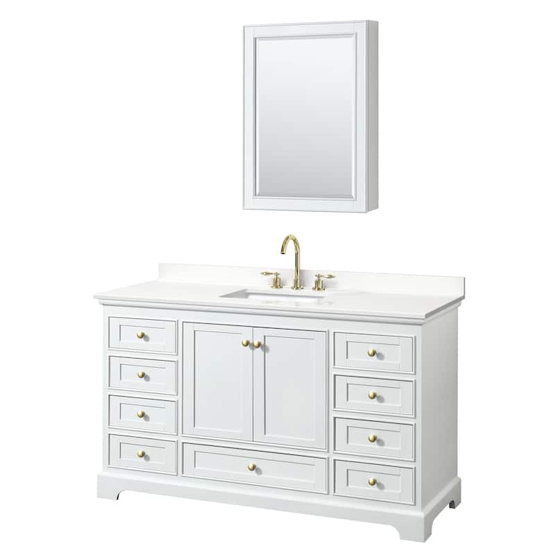 Deborah 60-inch Single Vanity, Quartz Top, Medicine Cabinet - White, Gold Trim, White Quartz Top