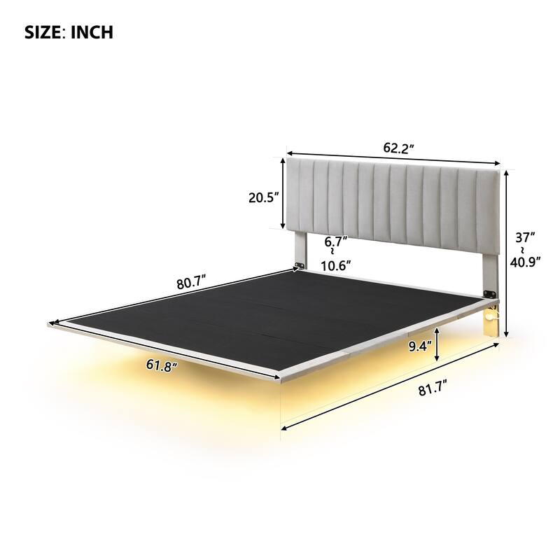 Queen Upholstered Velvet Bed with Sensor Light and Floating Frame - Modern Platform Bed with Headboard, No Box Spring Required