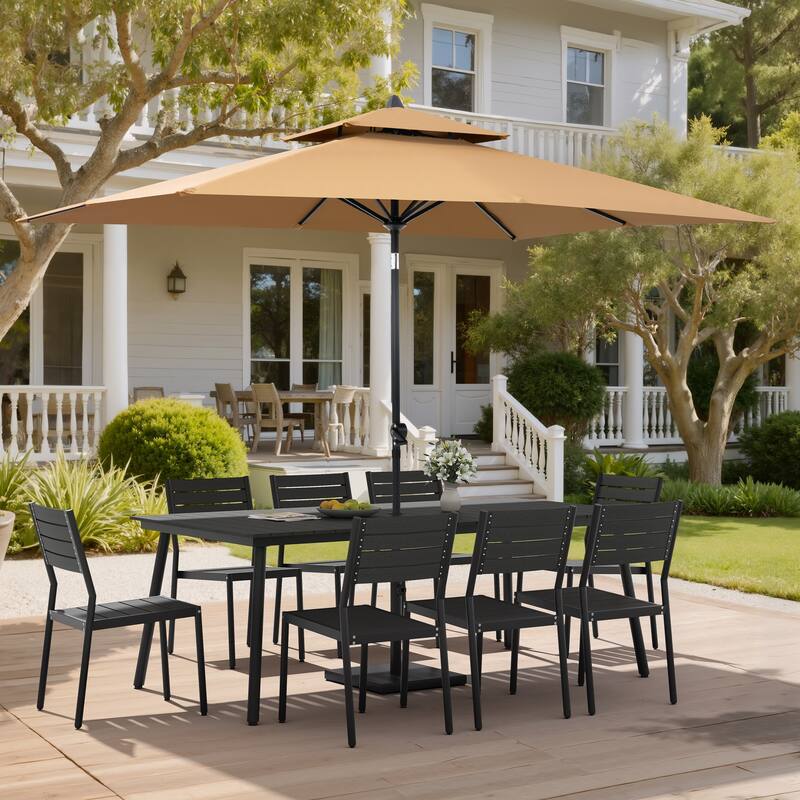11 PC Outdoor Patio Dining Set Wood-Like Aluminum Umbrella Hole Table with Stackable Chairs,Double Top Market Umbrella and Base - BlackTable&BlackChairs&TanUmbrella