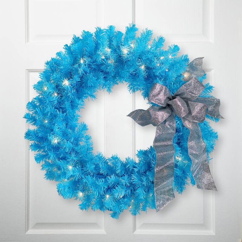 Pre-Lit Artificial Pine Christmas Wreath - 24" - Sky Blue - Clear Lights