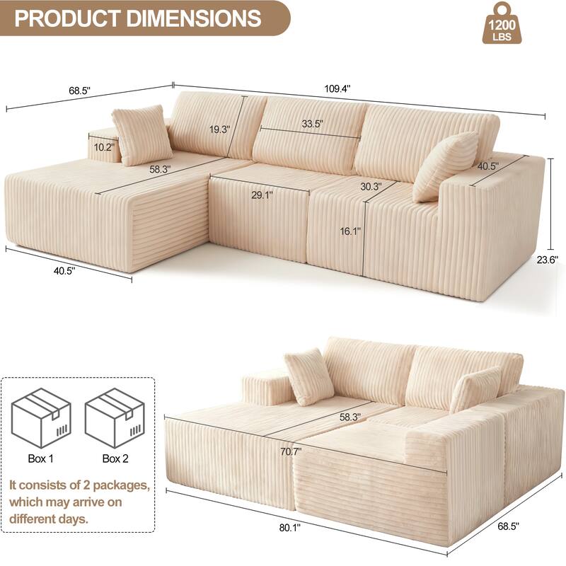 Modern Modular Sectional Sofa with Chaise and Pillows, Deep Seat Cloud L-Shape Couch for Living Room, 3-Seater