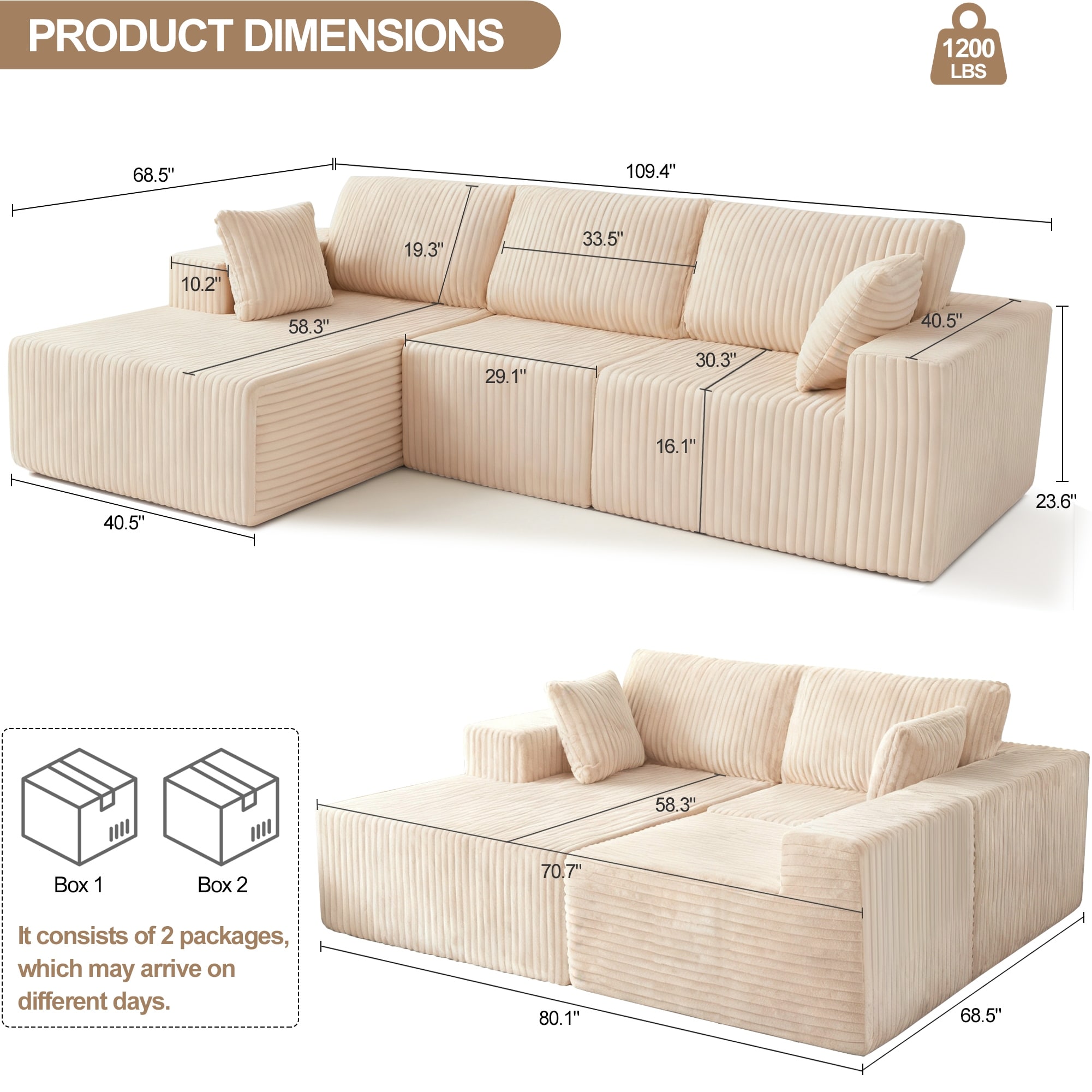 Modular Sectional Sofa with L-Shape Chaise Lounge, Chenille Upholstered Cloud Sofa, Corner Deep Seat Sofa with Pillow