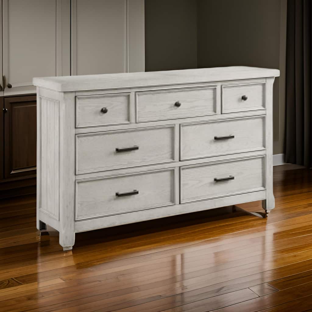 Myna 67 Inch Wide Dresser, 7 Drawers, Rustic Farmhouse White Oak Veneer
