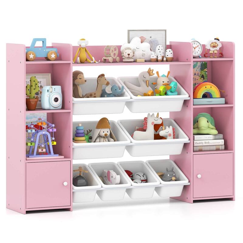 Costway 4-Tier Large Storage Cabinet with 6 Cubbies & 8 Removable Bins - See Details - Pink
