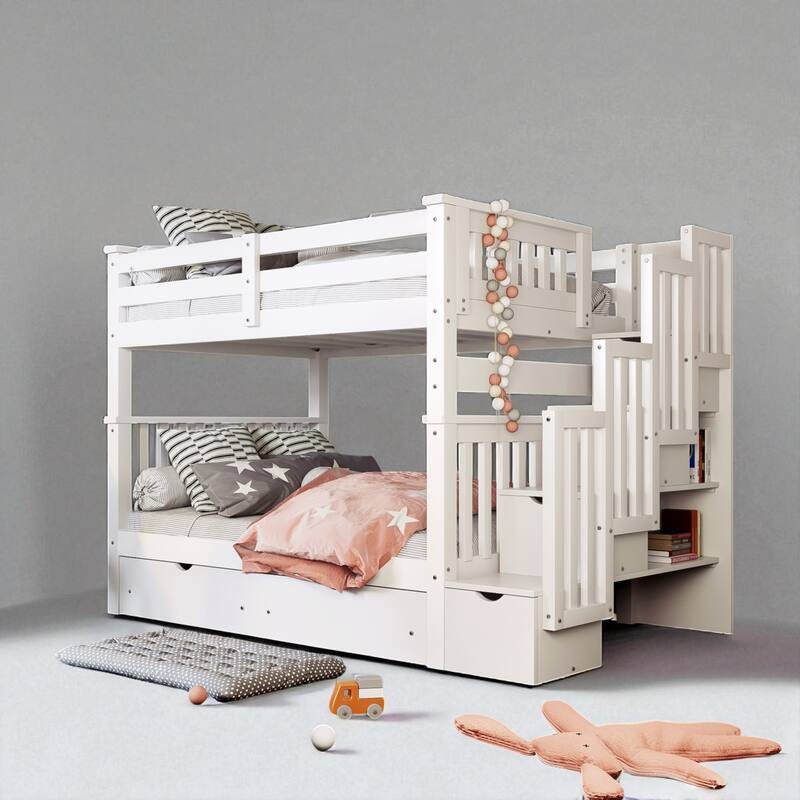 Full Over Full Bunk Bed with Staircase, Shelves, 6 Drawers, Storage and Safety Guardrails for Kids or Teens