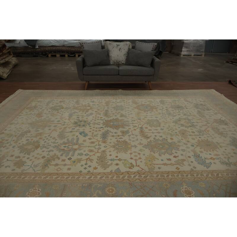 Hand Knotted Oriental 100% Wool Carpet Transitional All-Over Beige & Ivories Oushak Area Rug - 13' 1'' X 10' 0''