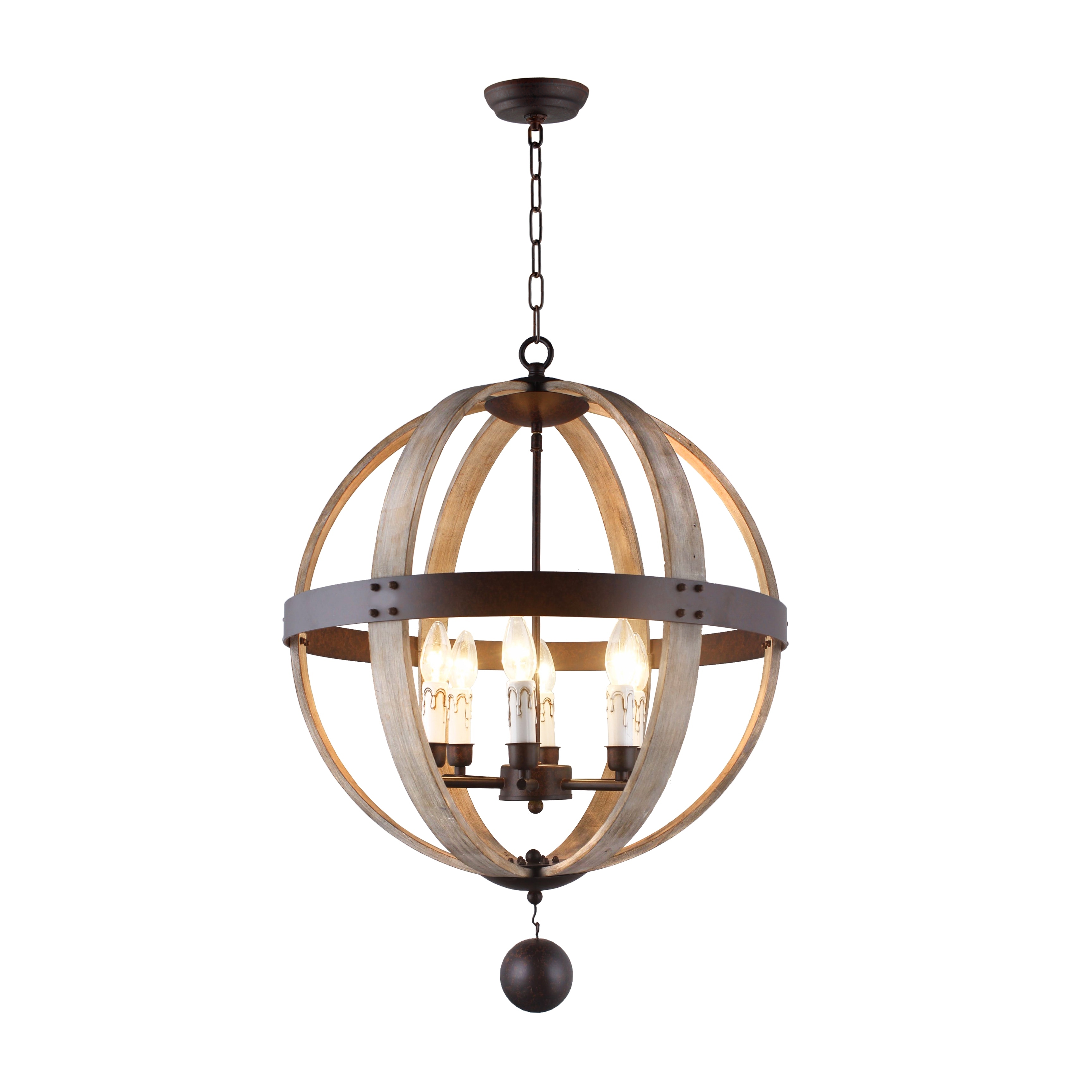 6 Light Candle Style Globe Chandelier in Rustic Metal and Natural