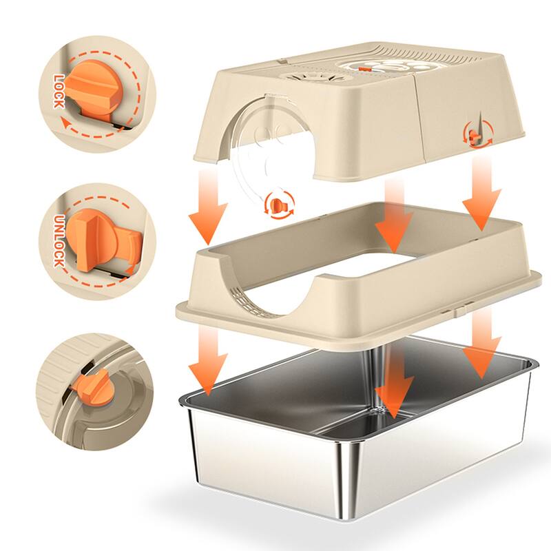 Large Stainless Steel Enclosed Cat Litter Box with Lid, Metal Kitty Litter Box with Flip Cover, Removable Top and Litter Scooper