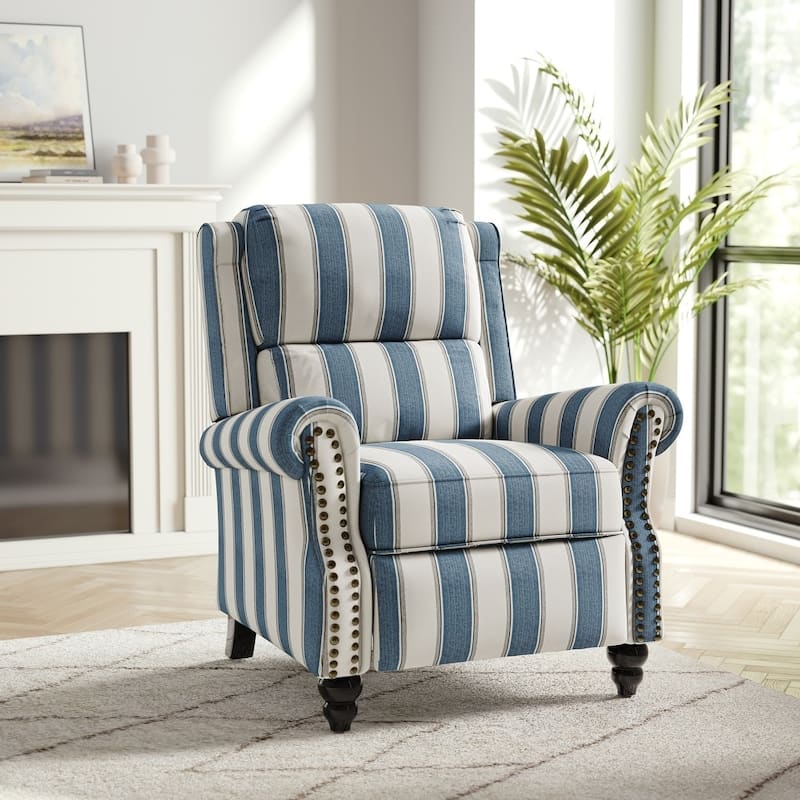 Modern Padded Seat Recliner Chair with PU Leather - Stripe Navy Linen