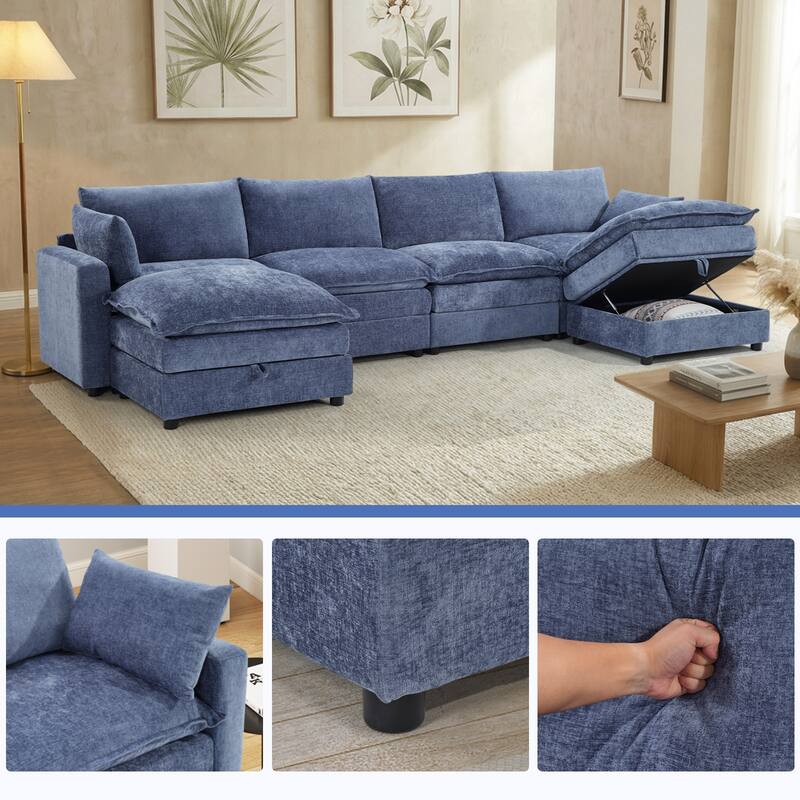 Modular Sectional Sofa for Living Room, U-Shaped Sofa Couch with Corduroy Fabric, 3/4 Seat Oversized Couch with Movable Ottoman