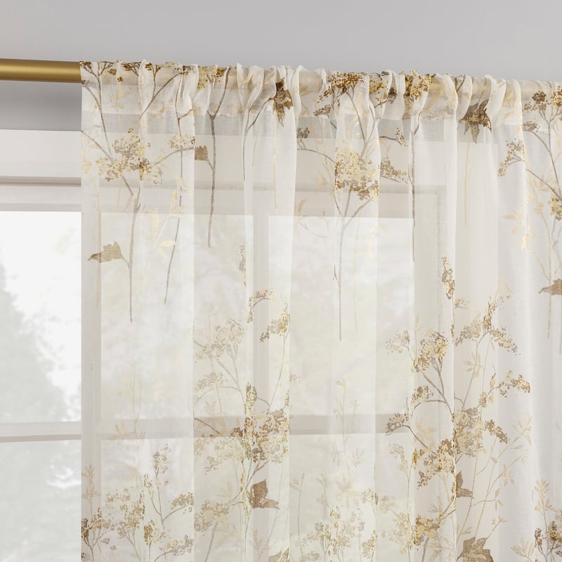 No. 918 Margot Botanical Print Sheer Rod Pocket 1-Piece Curtain Panel, Single Panel - 50" x 84" - Gold
