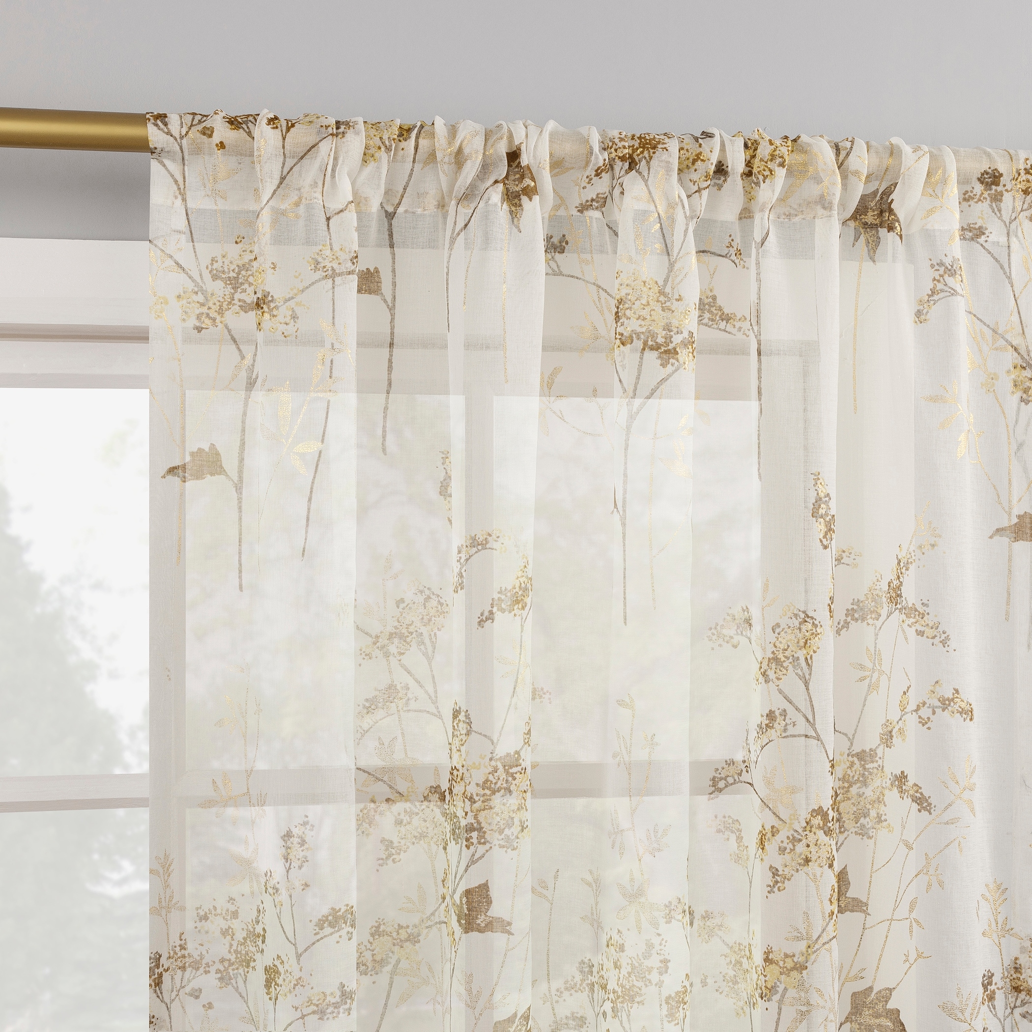 No. 918 Margot Botanical Print Sheer Rod Pocket 1-Piece Curtain Panel, Single Panel