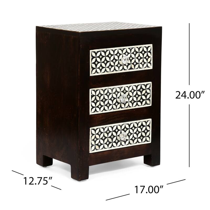 Handcrafted Mango Wood Nightstand with Buffalo Bone Inlay and Three Drawers