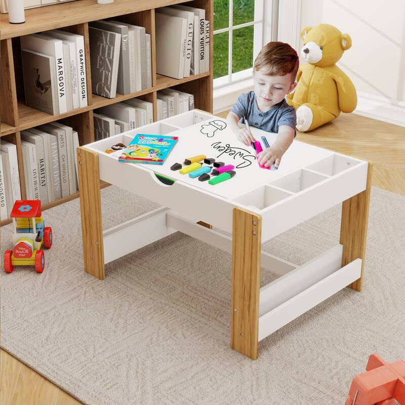 Anmytek Modern Kids 2 in 1 Play Table with 7 Storage Compartments for Building Blocks White