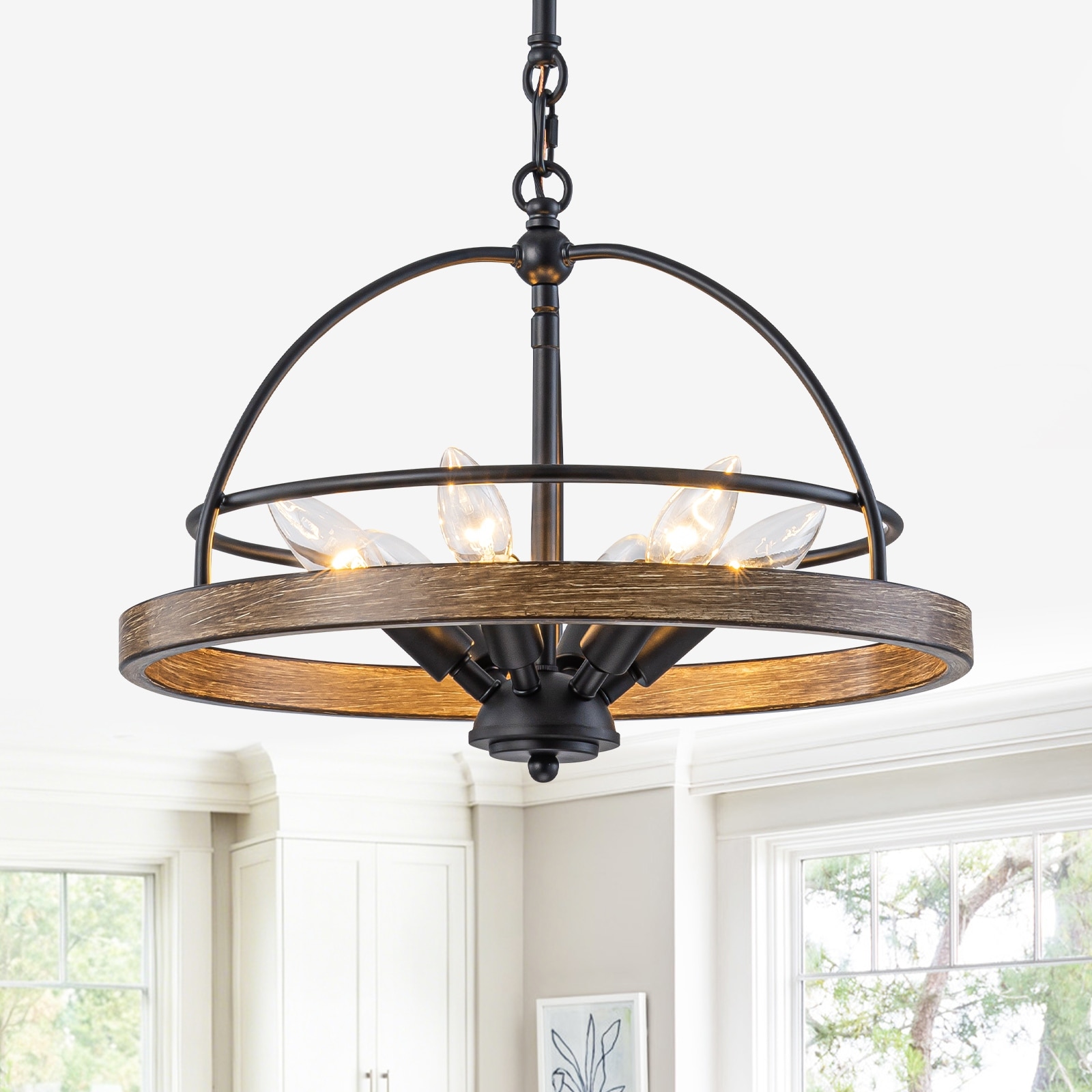 6-Light Black Farmhouse Pendant Light Chandelier Wood-Grain Accent - Dia.15.98inch