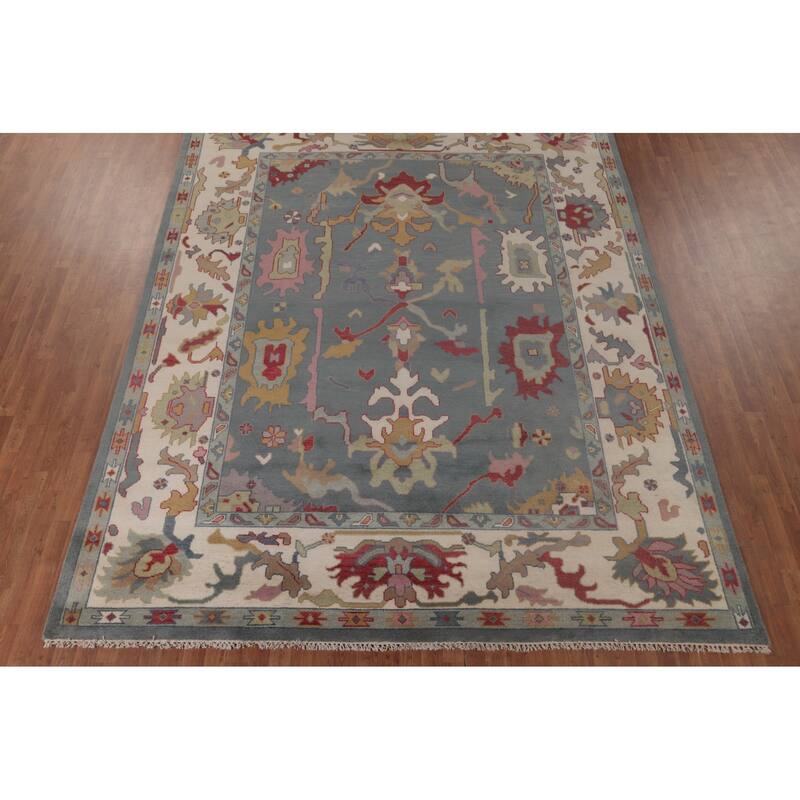 Floral Blue Oushak Area Rug Handmade Wool Carpet - 9'3"x 11'10"