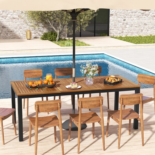 8 Person Outdoor Dining Table 79 inch Acacia Wood Patio Table with Umbrella Hole 79 x 35.5 x 29.5 Natural Black