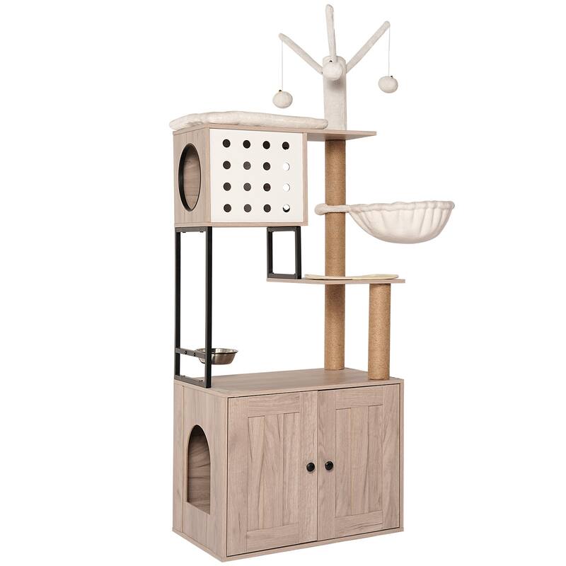 Cat Tree with Litter Box Enclosure - Modern Cat Condo with Scratching Posts, Feeding Bowl & Removable Pompom Sticks - White+gray