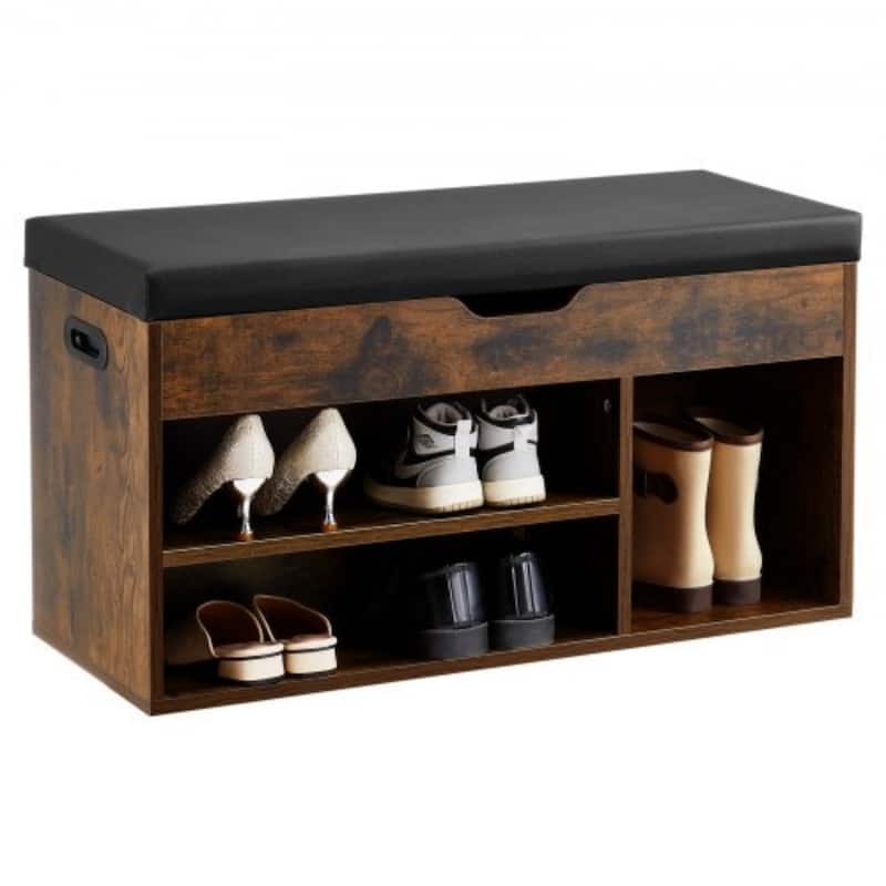 Brown Entryway Shoe Storage Bench with Cushion Seat and Hidden Compartment for Boots and Slippers - 31.7 x 12.0 x 17.5 Inch
