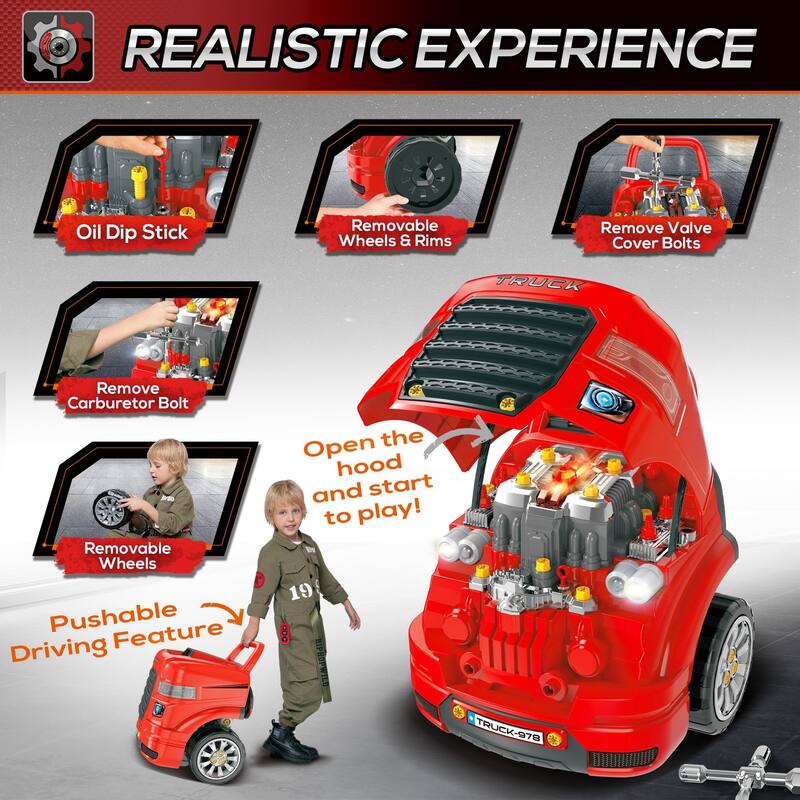 61-Piece Kids Car Engine Repair Toy Set with Realistic Sounds and Lights - Red