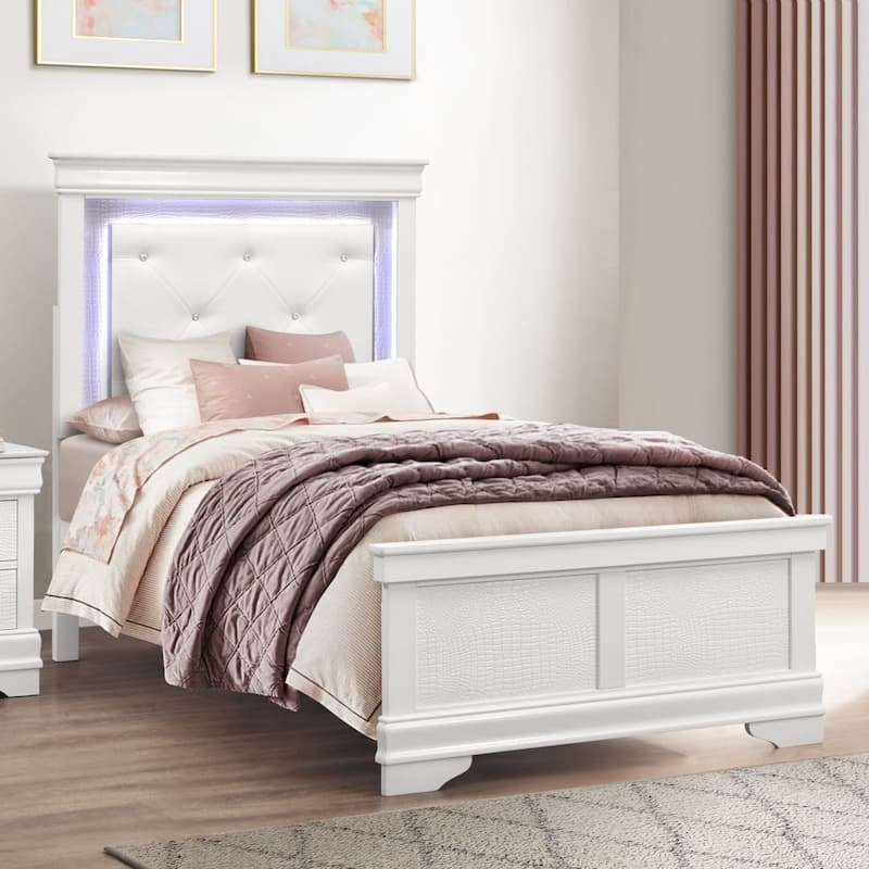 LED Upholstered Bed White Finish Glam Style - Twin