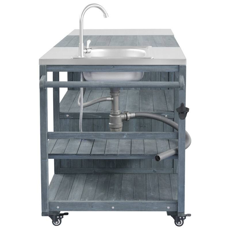 75.4" Rolling Outdoor Kitchen Island with Stainless Steel Top, Premium Solid Wood Grill Cart with Sink and Wheels for Outdoor