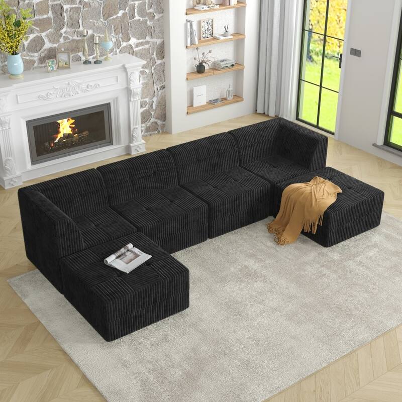 130.32" Corduroy U-shaped Modular Sectional Sofa with Wider Arms and Backrests