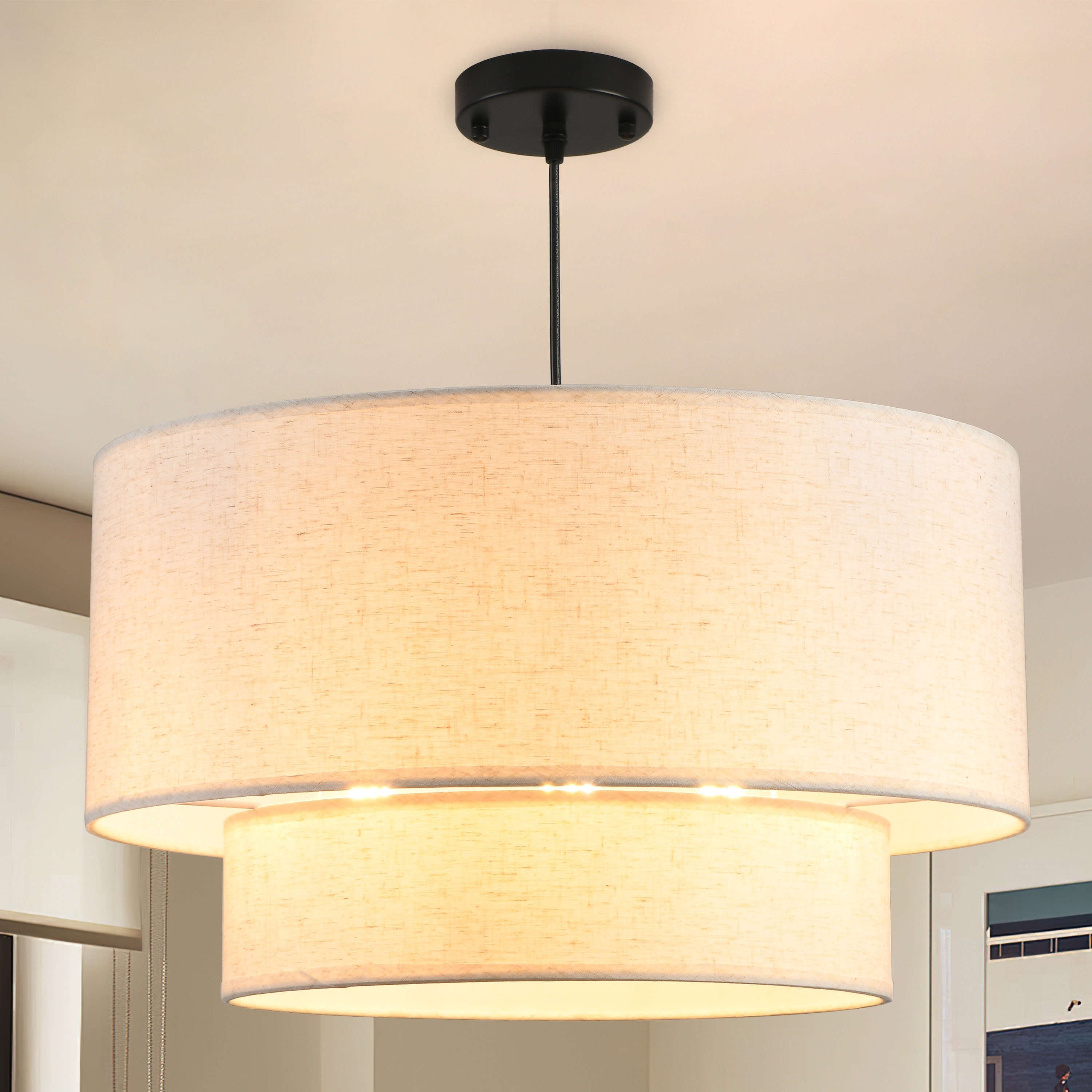 3 Light Double Drum Linen Pendant Light Adjustable Hanging Cord - 20 Wide