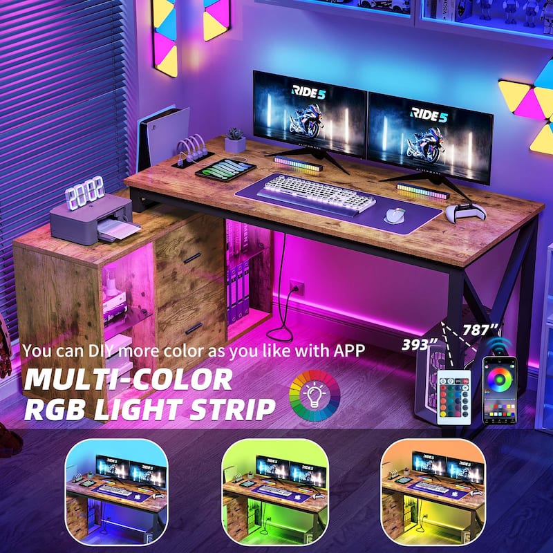 55 Inch L-shaped Gaming Desk with Power Outlets and LED Lights Computer Corner Desk with File Cabinet Monitor Stand