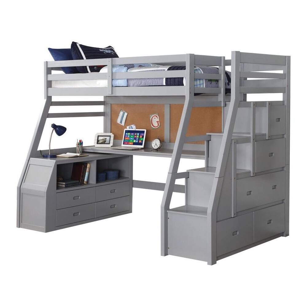 Wood Loft Bed With Storage Ladder In Gray