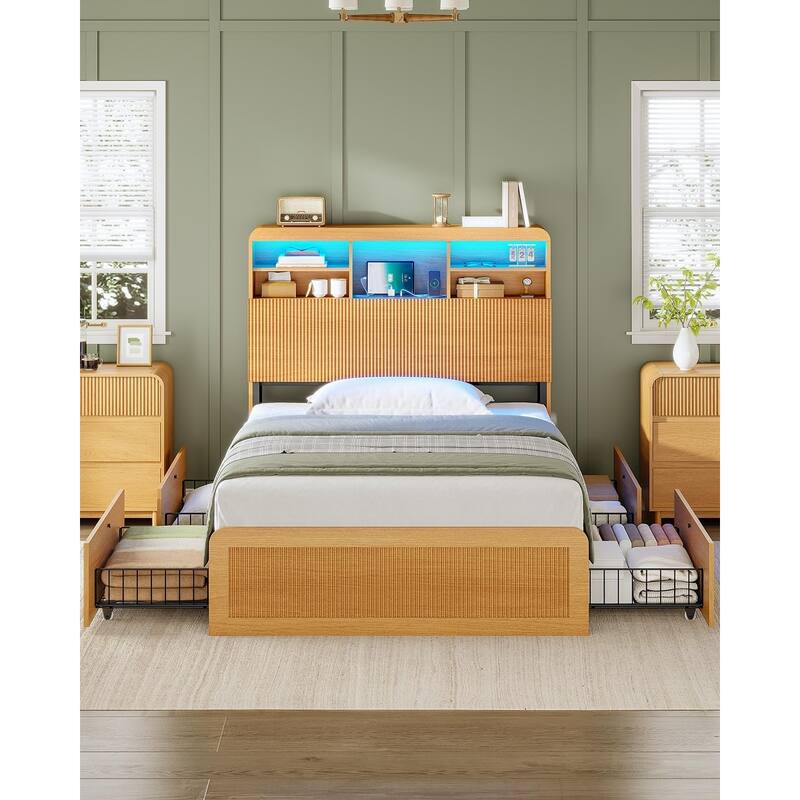Bed Frame with 4 Storage Drawers and Hidden Storage Headboard Charging Station - Oak - Twin