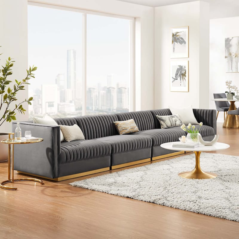 Sanguine Channel Tufted Performance Velvet 4-Seat Sectional Sofa - Gray