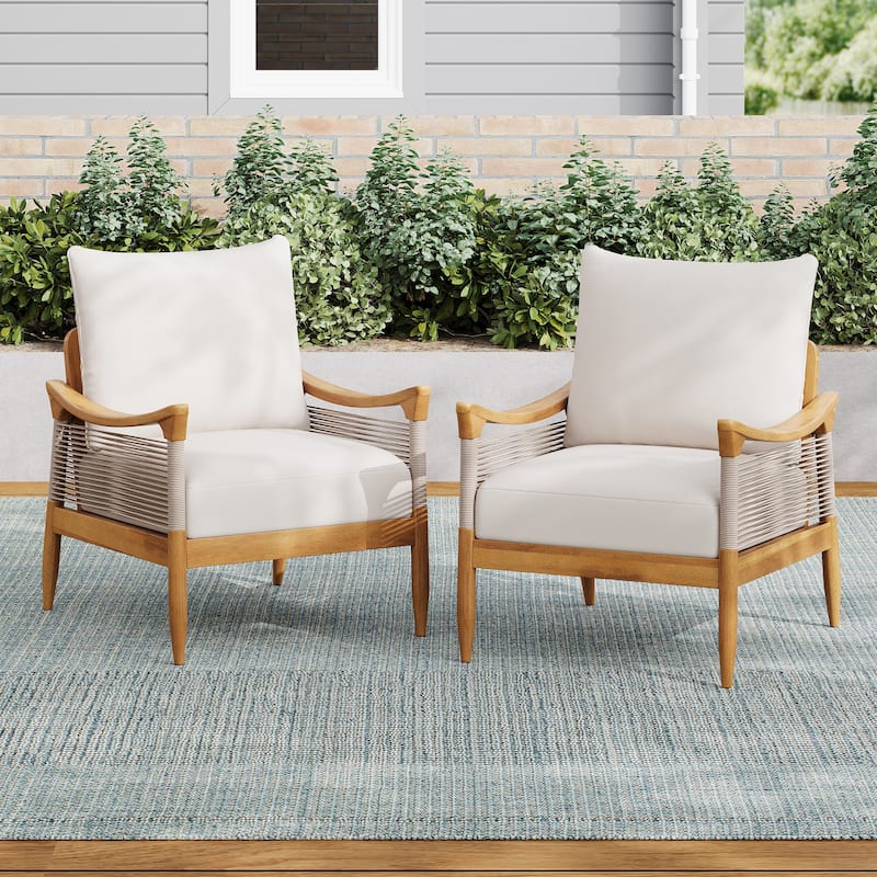 Christopher Knight Home - Riviera Acacia Wood Patio Club Chair with Woven Rope Accents - Teak+Beige - 2-Piece