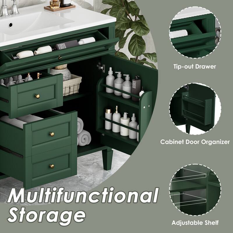 Modern Single Sink Bathroom Vanity Cabinet with Door Rack, Tip-out Drawer, 2 Pull-out Drawers, Metal Knobs and Adjustable Shelf