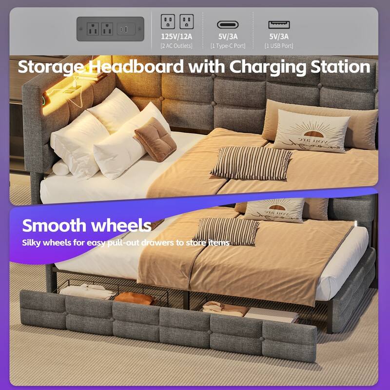 Twin Size Upholstered Daybed L-shaped Daybed with Storage Headboard, 2 Drawers, LED Lights, Charging Station, Linen Fabric - Grey - Twin