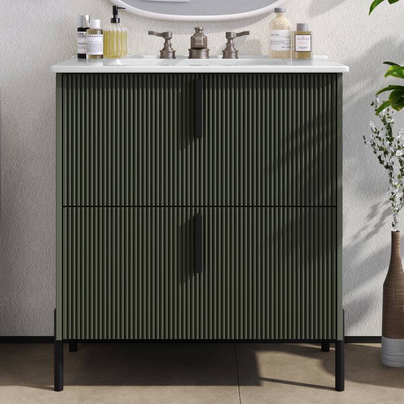30" Bathroom Vanity with Ceramic Sink and Full-Extension Drawers, Soft Close Undermount Drawer Slides, Fluted Design