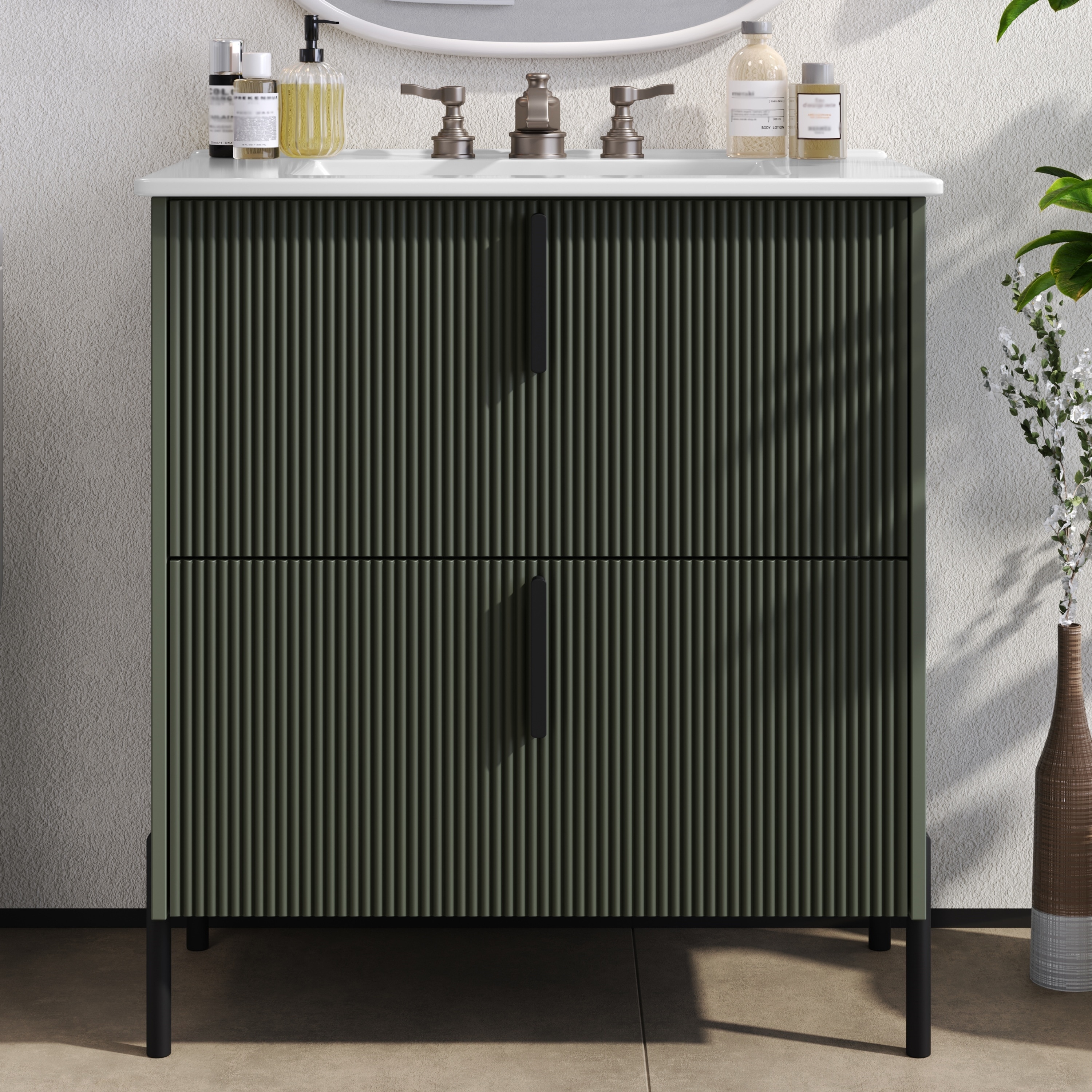 30" Fluted Bathroom Vanity with Ceramic Sink - Soft-Close Full-Extension Drawers