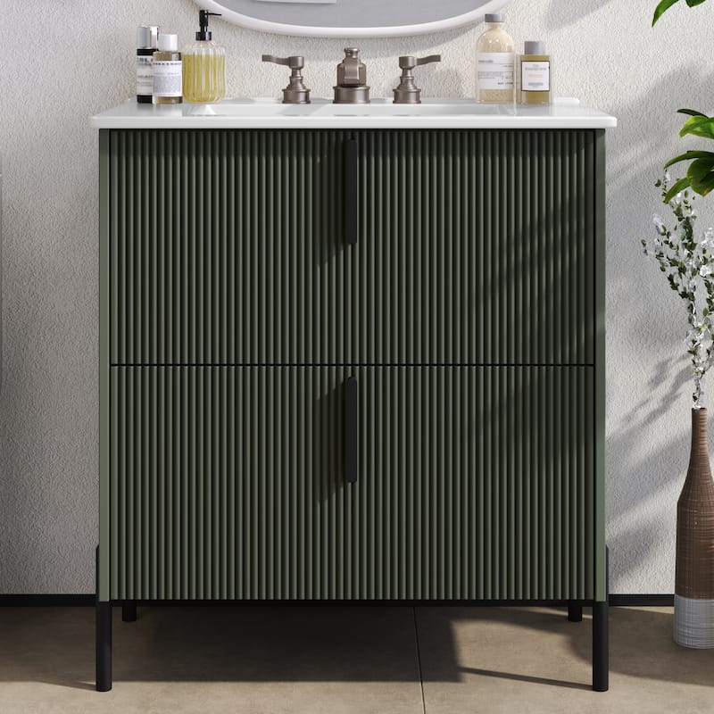 30-Inch Bathroom Vanity with a Ceramic Sink, Full-Extension Drawers, Soft-Close Undermount Slides, and a Fluted Design. - Green