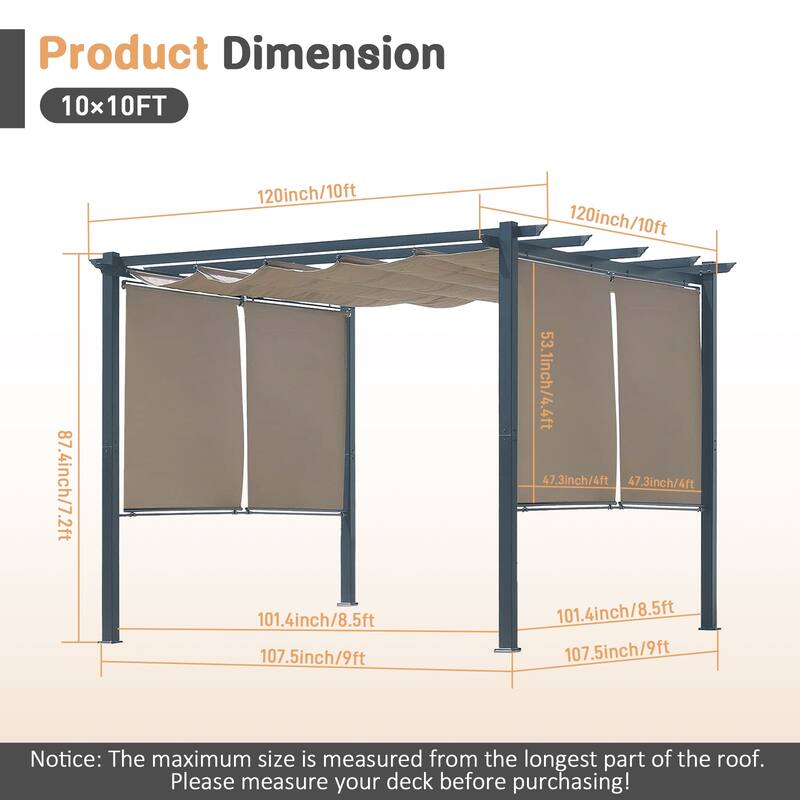 Aoodor 10 x 10 FT Outdoor Pergola with Retractable Shade Canopy, 4 Pieces Roller Shade Curtain