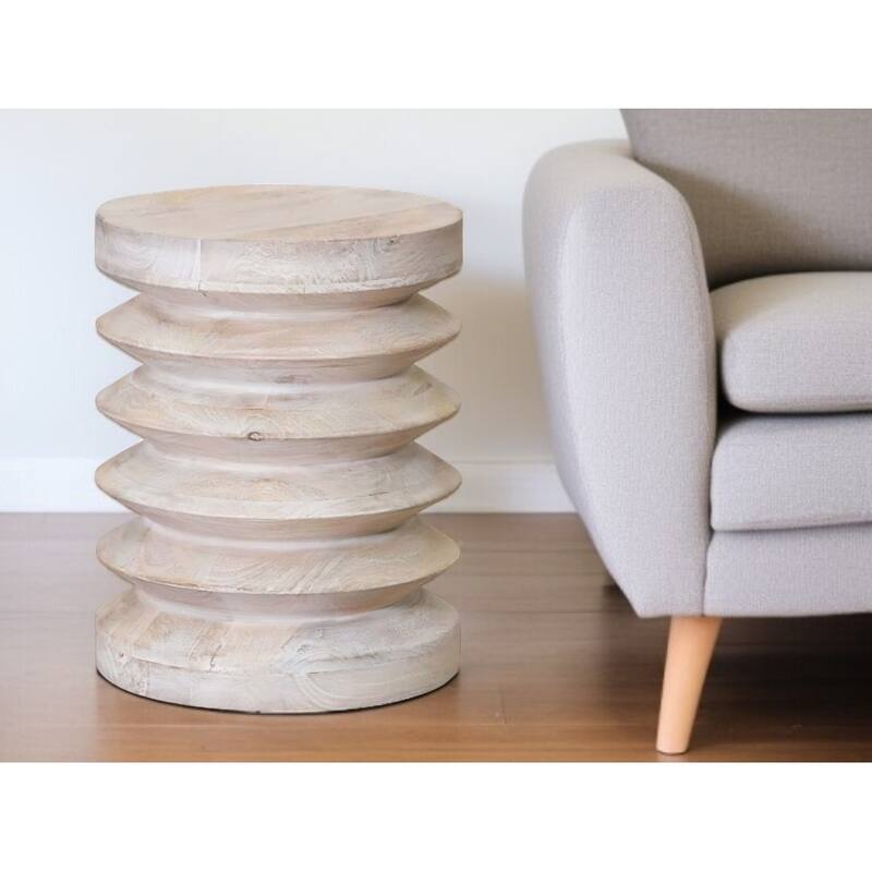 18-Inch Rustic Round End Table Solid Mango Wood Brown Distressed Finish - 14" x 14" x 18"