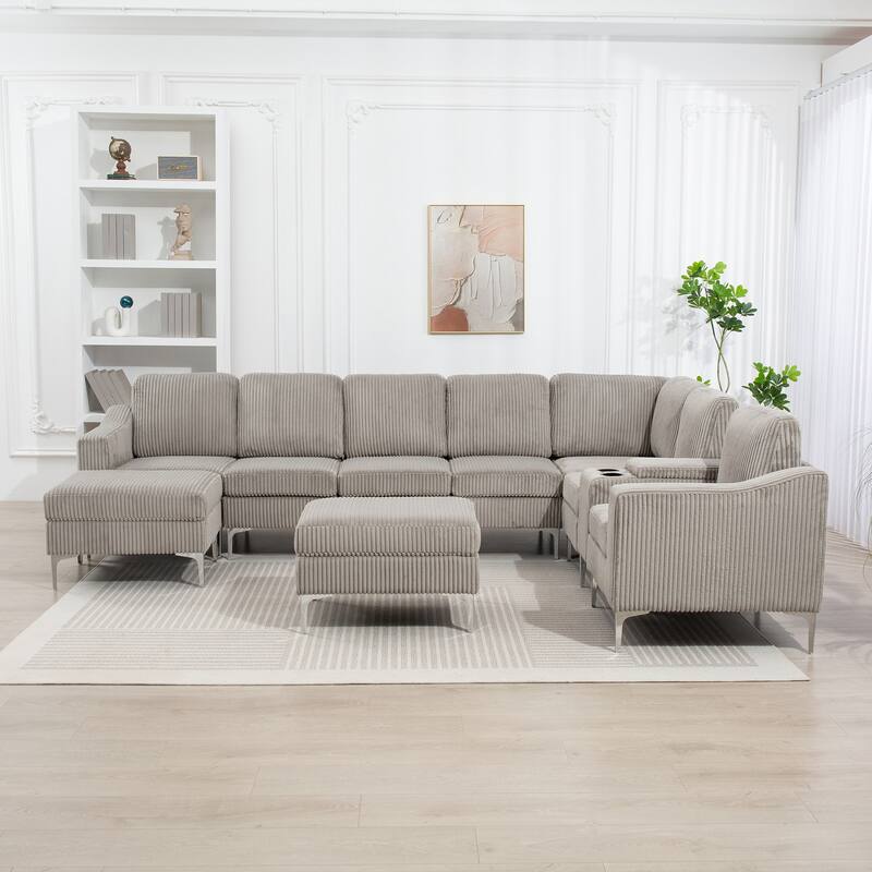 129.14" Corduroy Modular Sectional Sofa with 2 Ottomans
